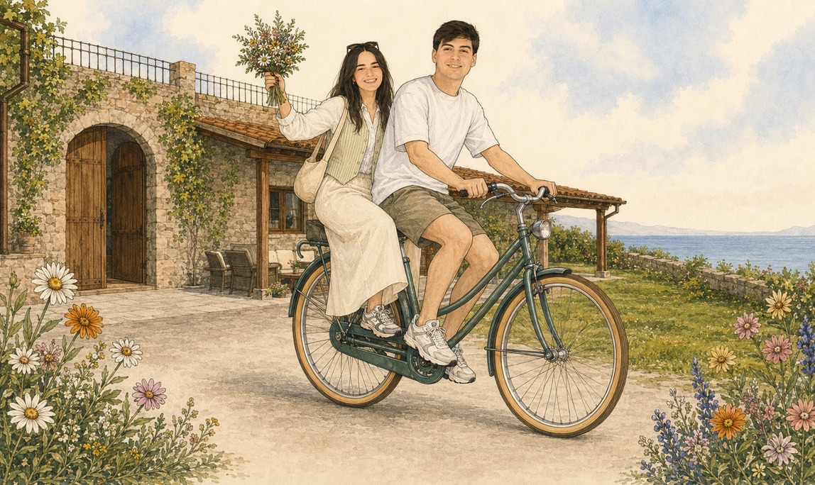 Ilustración de Laura y Maarten en bicicleta junto a un caserío vasco frente al mar